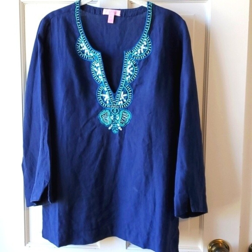 LILLY PULITZER LINEN Amelia Island beaded Navy Tunic Size Medium